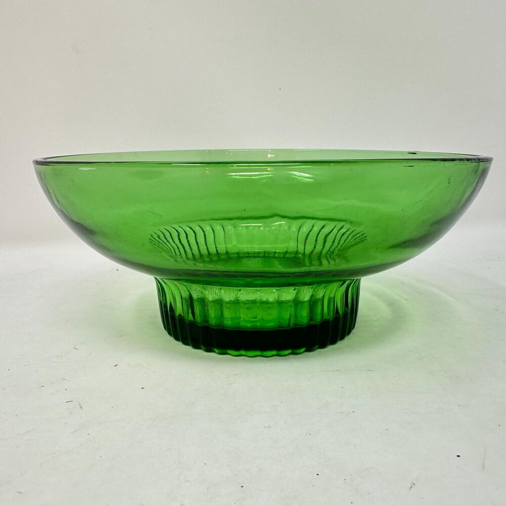 Vintage Green Glass Pedestal Bowl 2.75x6.5 Ribbed Base Smooth Side Candy Dish